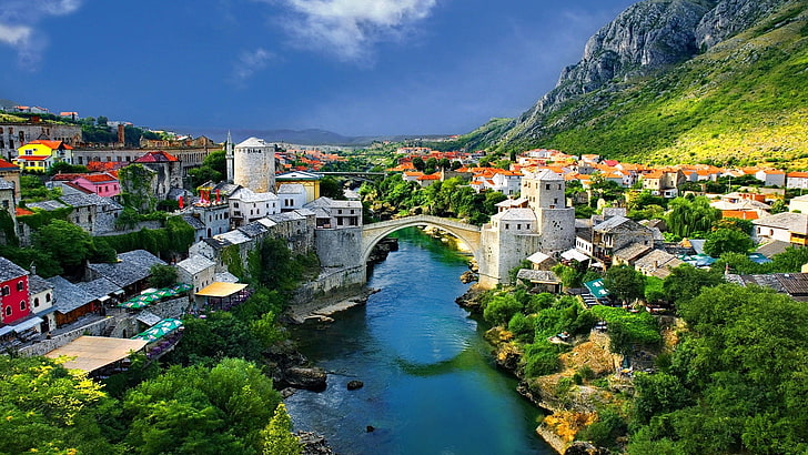 white concrete building, Mostar, mountains, water, rock, trees