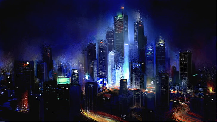 photo of city during night time, artwork, cityscape, building exterior