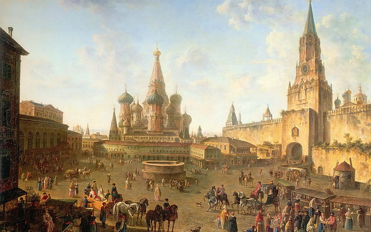 brown concrete castle, Russia, Moscow, Europe, artwork, painting