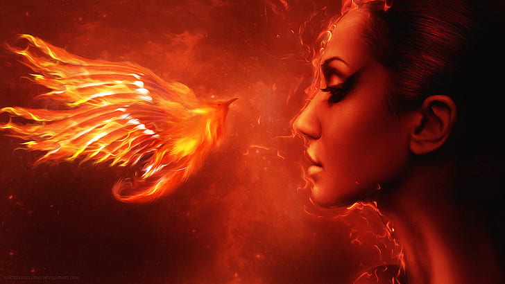 Bird Face Red Phoenix HD, flaming bird and woman graphics, fantasy