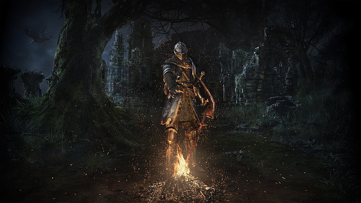 Dark Souls illustration, photo of armored knight near bonfire