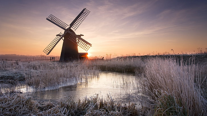 sunset, winter, windmill, Netherlands, environmental conservation, HD wallpaper