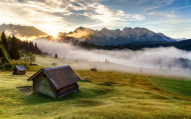 Bayern, Germany, mountains, brown house near forest during fog daylight