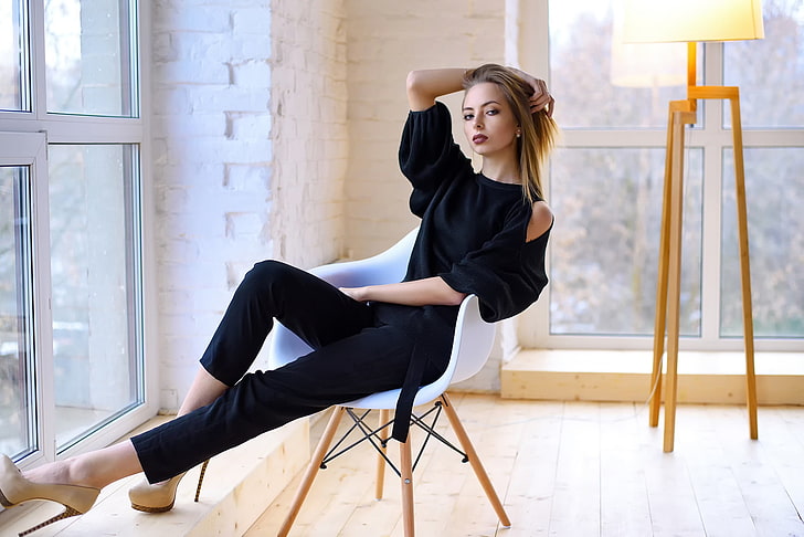 legs, sitting, women, model, high heels, black clothing, hands on head, HD wallpaper