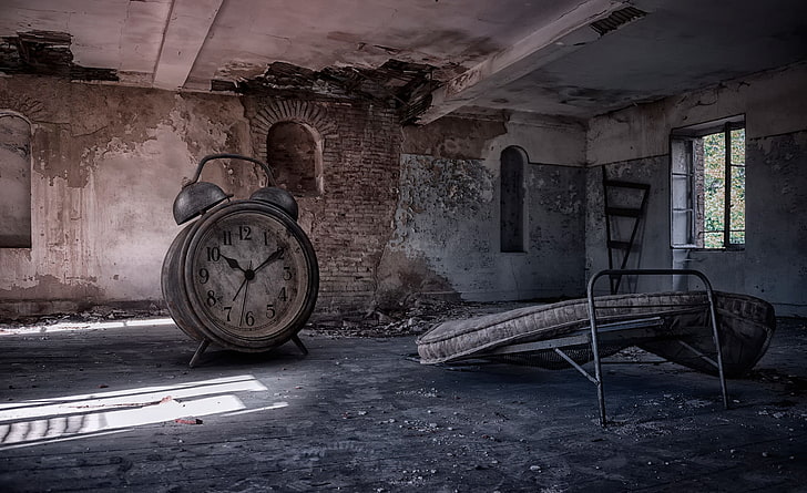 clocks, old, abandoned, ruin, damaged, run-down, architecture, HD wallpaper