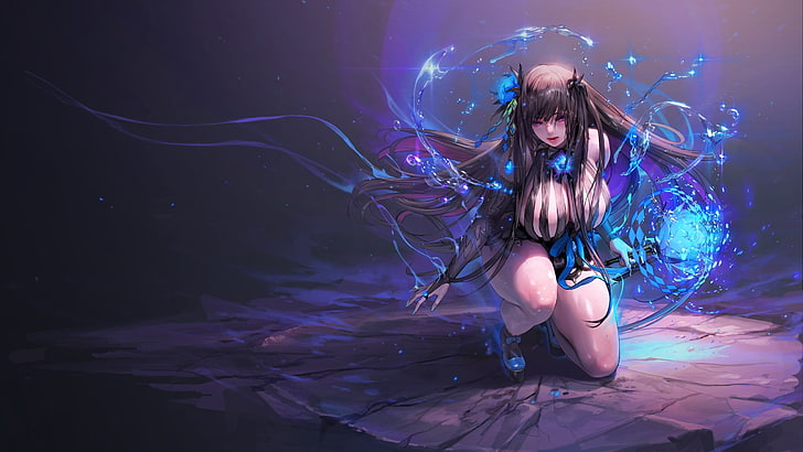 female anime character with wisp illustration, rose, game, weapon
