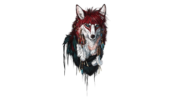 black, white, and red wolf graphic wallpaper, fox, drawing, feathers