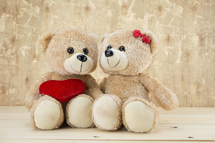 two beige bear plush toys, love, heart, romantic, sweet, Teddy