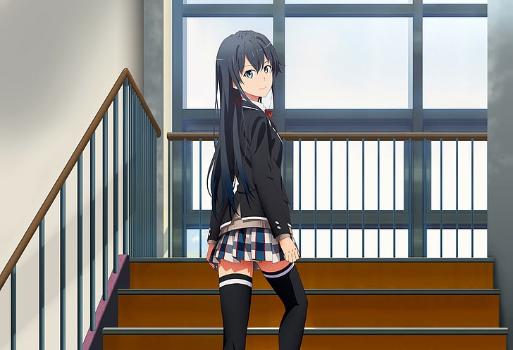 black hair, anime, blue eyes, anime girls, stockings, long hair, HD wallpaper
