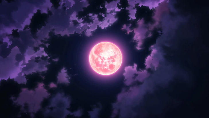red moon illustration, anime, sky, clouds, night, cloud - sky, HD wallpaper
