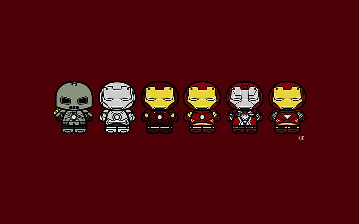 six assorted-color Iron Man figures, superhero, minimalism, red, HD wallpaper