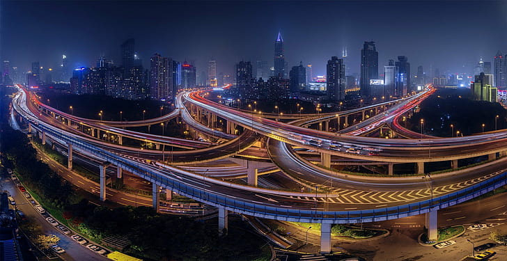 shanghai long exposure china road bridge city cityscape night interchange, HD wallpaper
