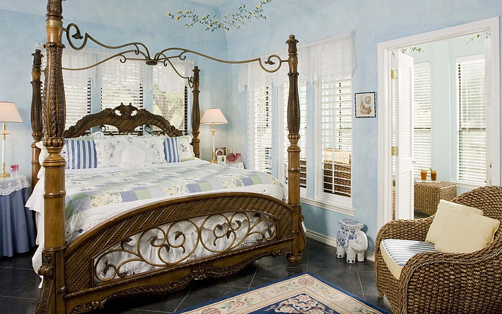 brown wooden bed frame, chair, door, entrance, comfort, bedroom, HD wallpaper