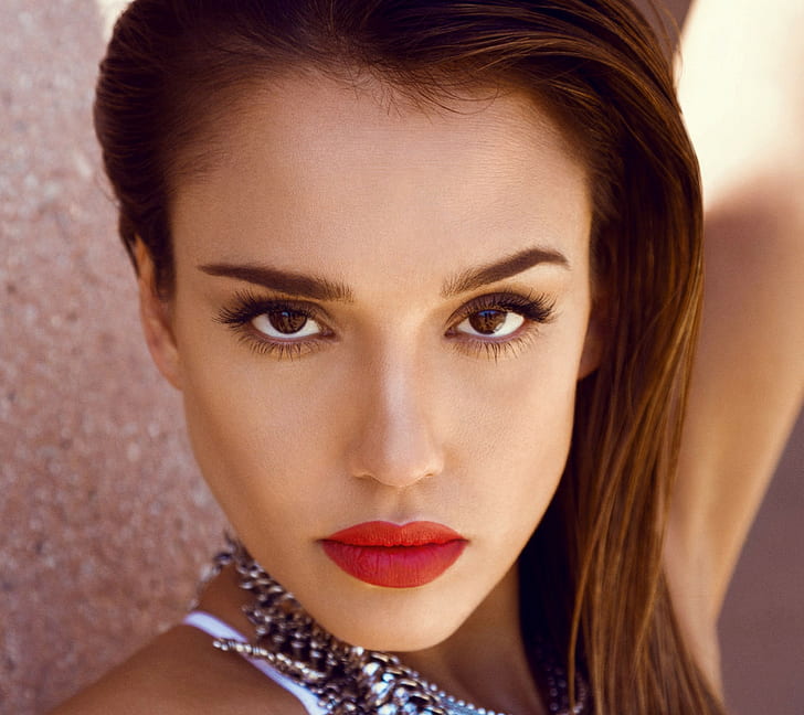 Jessica Alba actress, red lipstick and silver necklace, hd