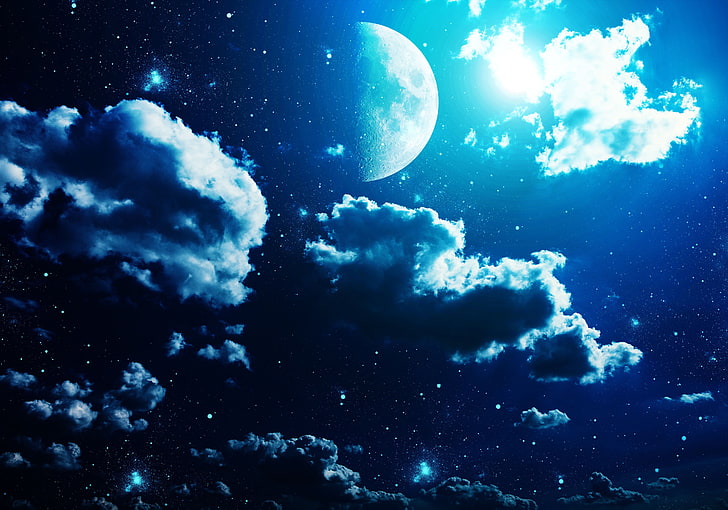 moon wallpaper, sky, night, cloud - sky, astronomy, space, blue, HD wallpaper
