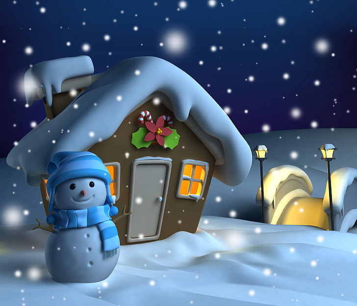 snowman beside house wallpaper, winter, christmas, new year, cute