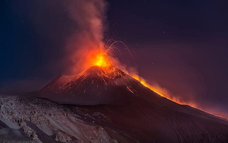 Volcano Lava Eruption Night Stars Mountain HD, nature