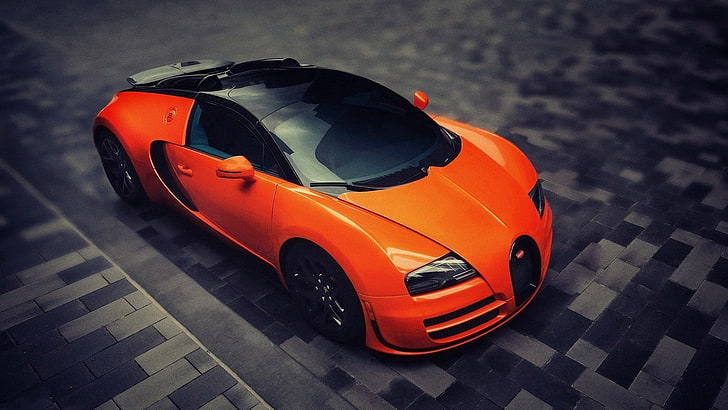 orange and black Bugatti die-cast car, Bugatti Veyron, orange cars