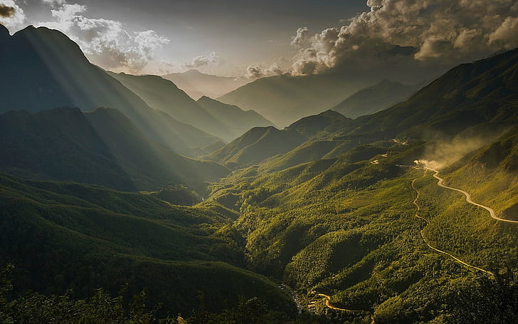nature, landscape, sun rays, mountains, valley, river, mist