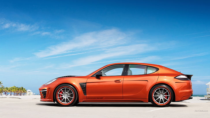 Porsche Panamera, car, orange cars, mode of transportation, HD wallpaper