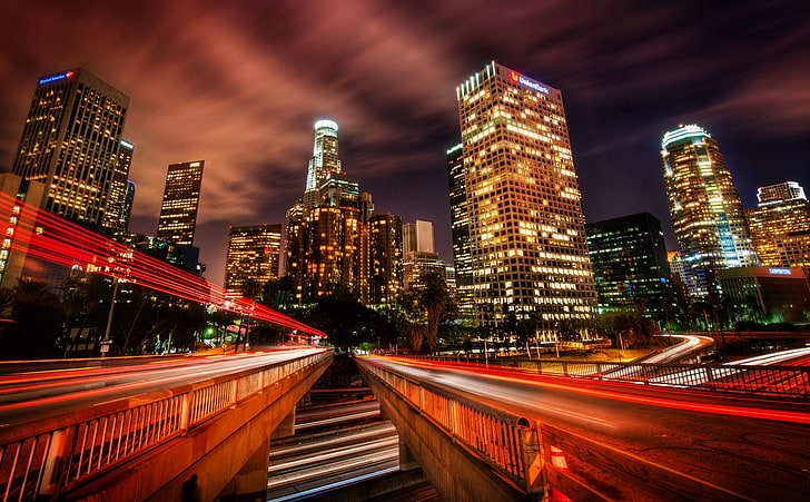 Downtown Los Angeles At Night, time-lapse photography of moving vehicles near high-rise buildings