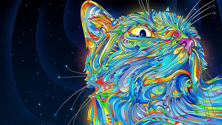 teal and multicolored cat digital wallpaper, space, multi colored