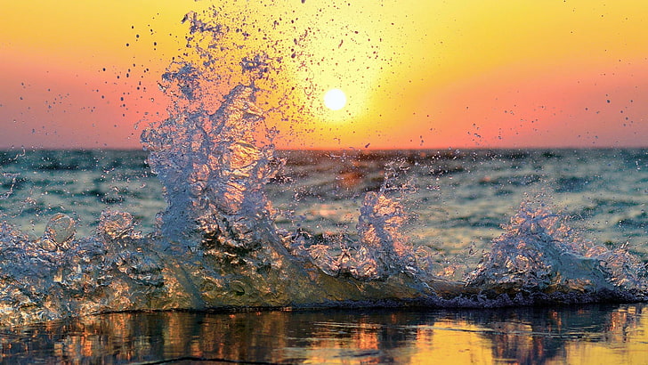 sea, waves, splashes, Sun, water, shoreline, sunset, sky, nature, HD wallpaper