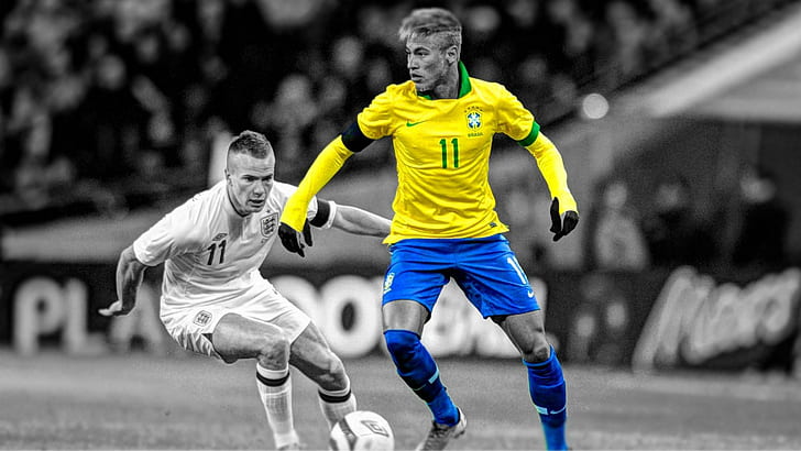 Neymar, selective color photograph of football player, sports