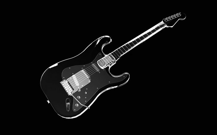 black and gray electric guitar, monochrome, musical instrument