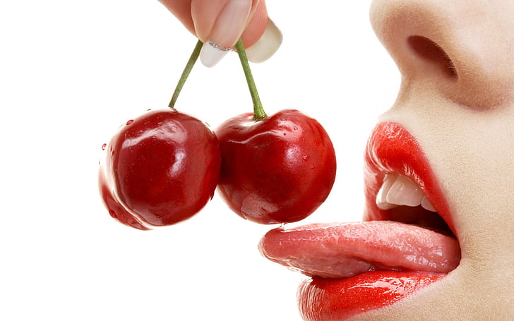 women, mouths, tongues, red lipstick, cherries (food), human body part