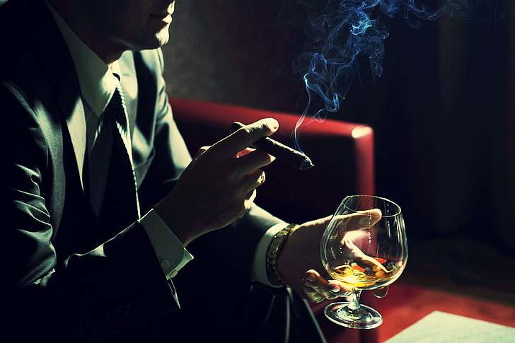 clear goblet glass, smoke, cigar, male, cognac, men, people, alcohol, HD wallpaper