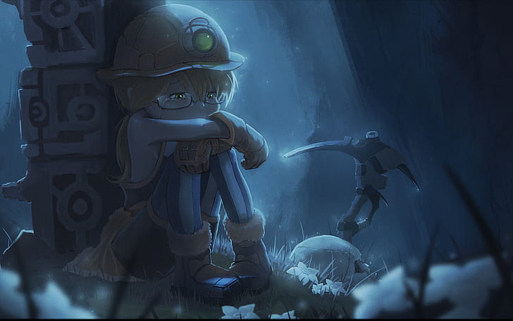 Riko (Made in Abyss), pickaxes, Miner (Workers), skull, flowers, HD wallpaper