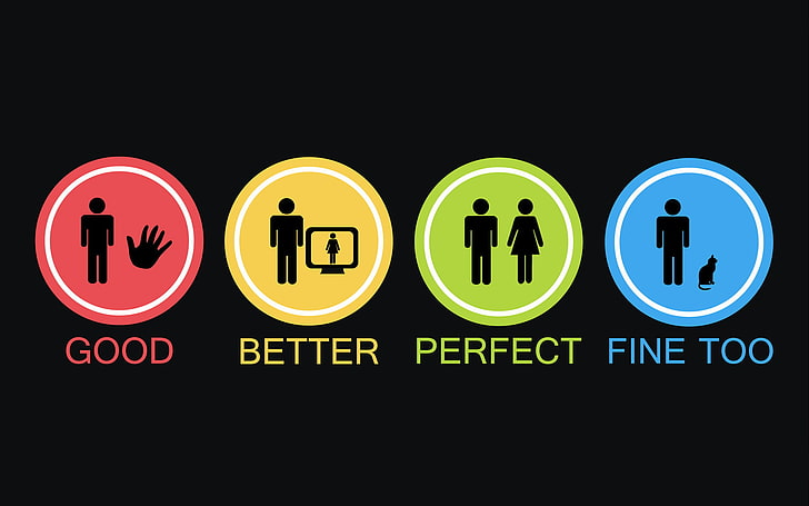 good, better, perfect, and fine too logo, Good Better Perfect Fine Too artwork, HD wallpaper