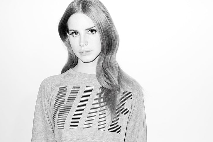 woman wearing Nike crew-neck top grayscale photography, Lana Del Rey