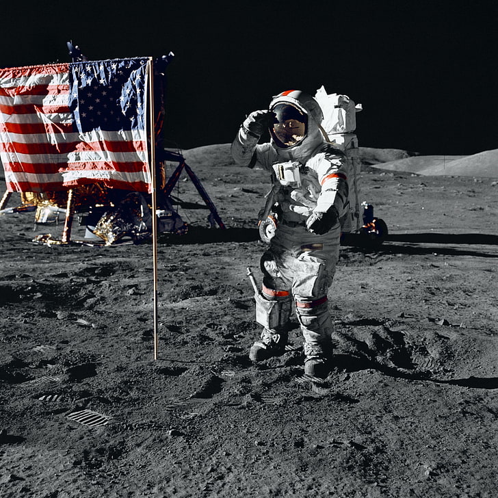 Apollo, astronaut, Moon, full length, flag, space suit, patriotism, HD wallpaper