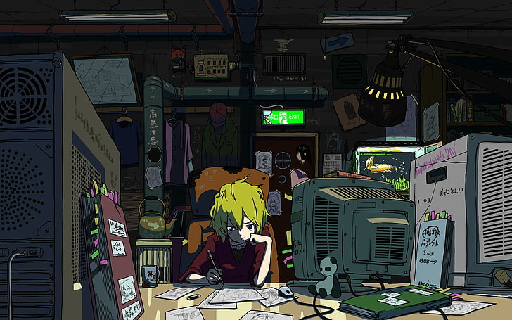 boy writing in front of CRT TV illustration, anime, computer