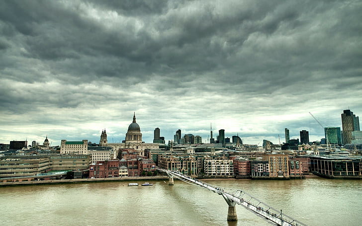 cityscape, building, river, bridge, clouds, London, Millennium Bridge, HD wallpaper
