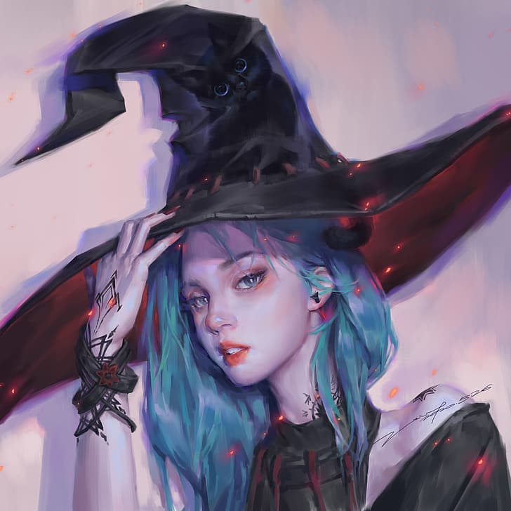 Z WY, looking at viewer, open mouth, blue hair, wizard's hat, HD wallpaper