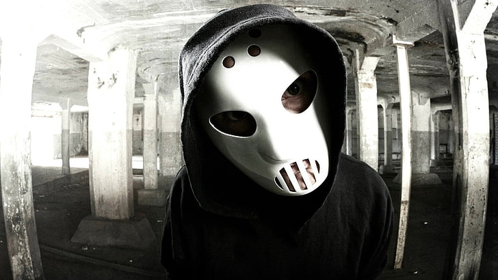 white face mask and black hoodie top, Angerfist, hockey mask