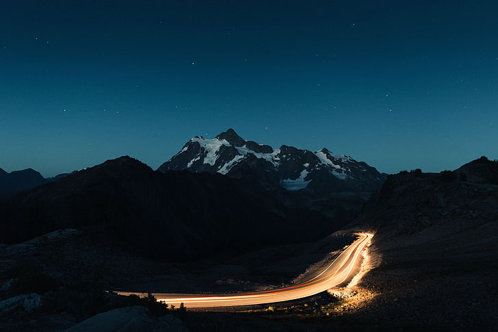 snowy mountain, mountains, road, long exposure, light trails, HD wallpaper