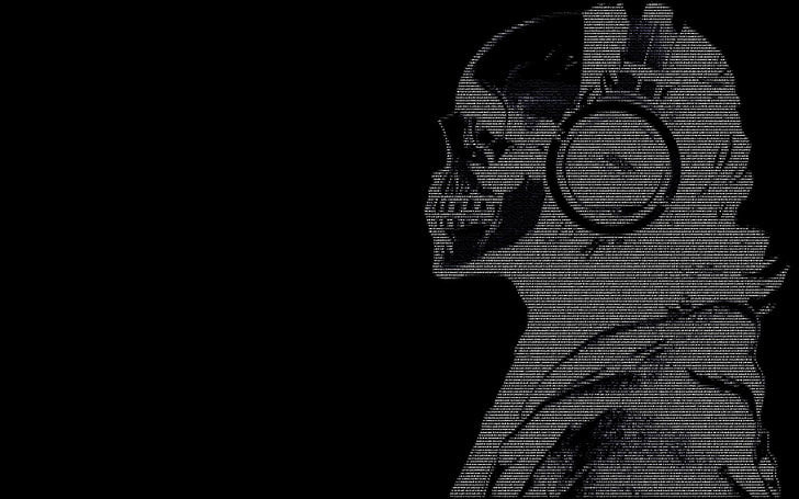 ascii, black, Dark, guy, hackers, headphones, skulls, text