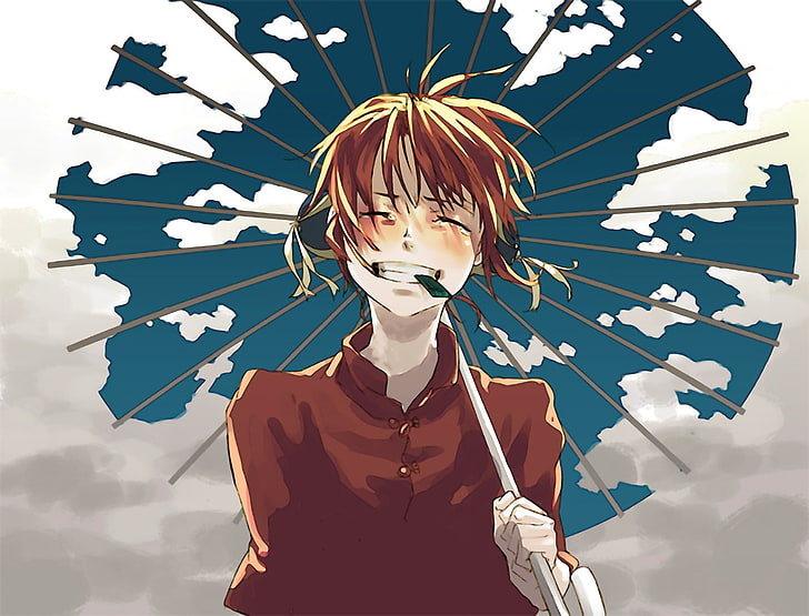 brown haired male character, Gintama, Kagura, umbrella, redhead