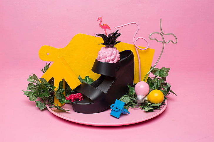 concept art, studio shot, flower, food, pink color, colored background