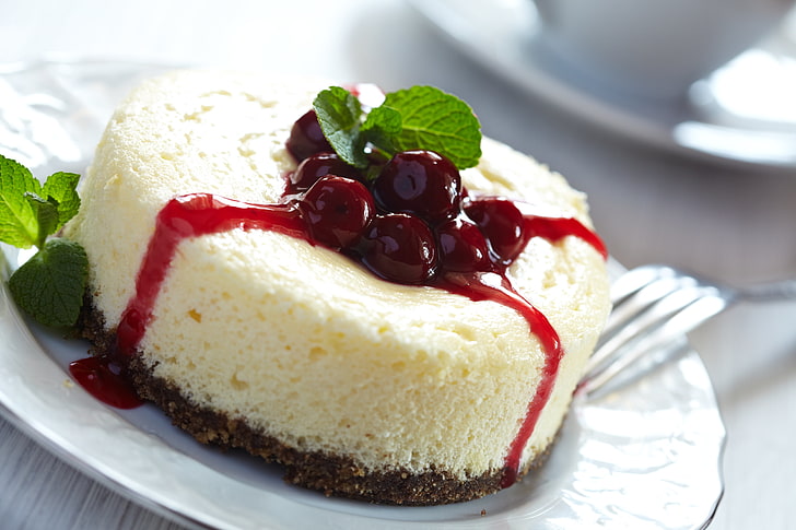 round white cheese cake, cheesecake, berries, cherries, jam, sweet, HD wallpaper