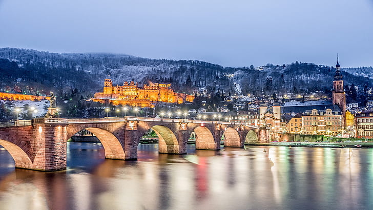 winter, mountains, bridge, river, castle, building, Germany, HD wallpaper