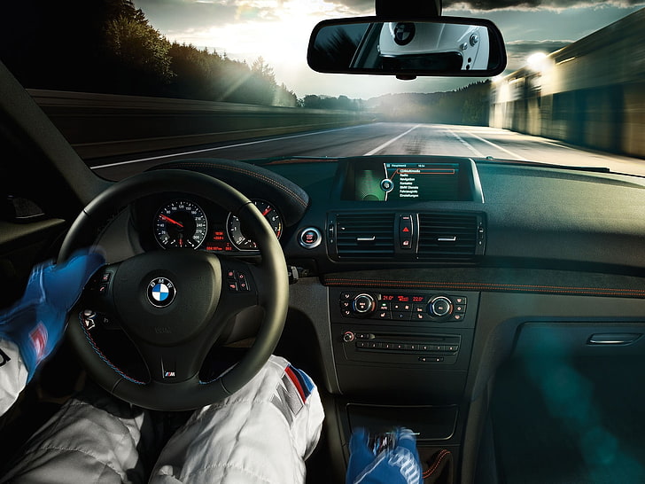 black BMW steering wheel, car interior, mode of transportation