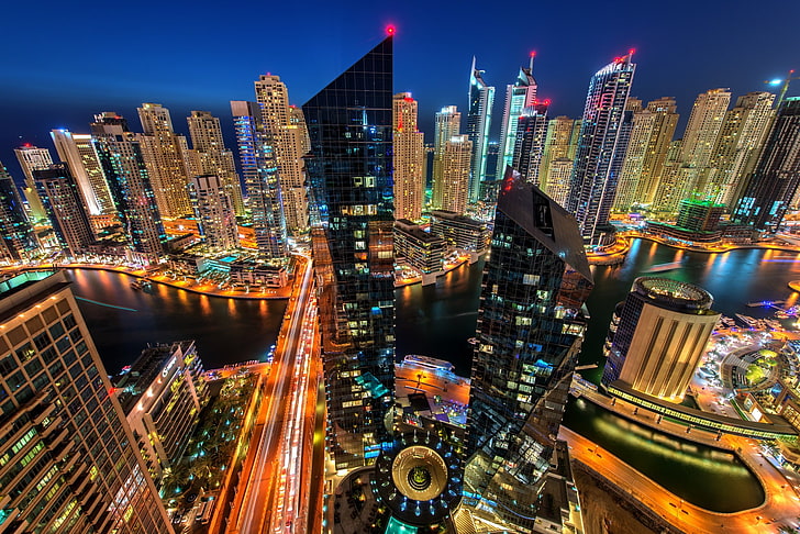 city skyline, cityscape, night, Dubai, United Arab Emirates, water, HD wallpaper