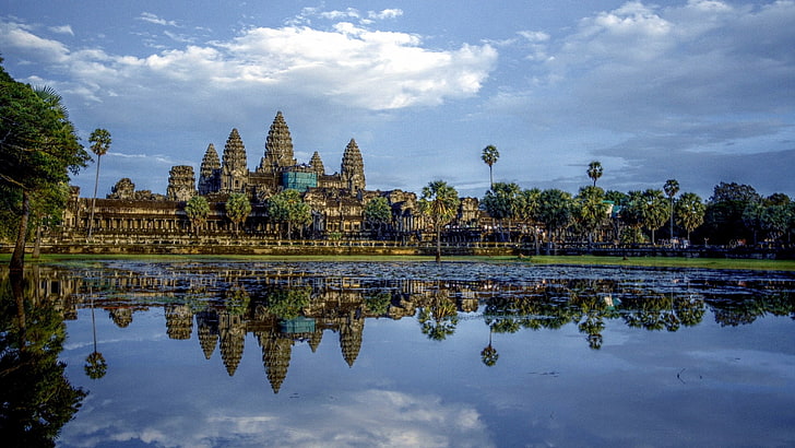 angkor wat, reflection, religion, architecture, water, sky, HD wallpaper