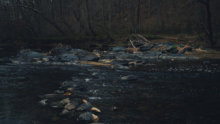 Dark, river, rocks, Stream, water