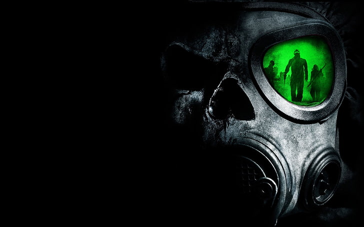 gas masks, black background, sign, copy space, close-up, green color